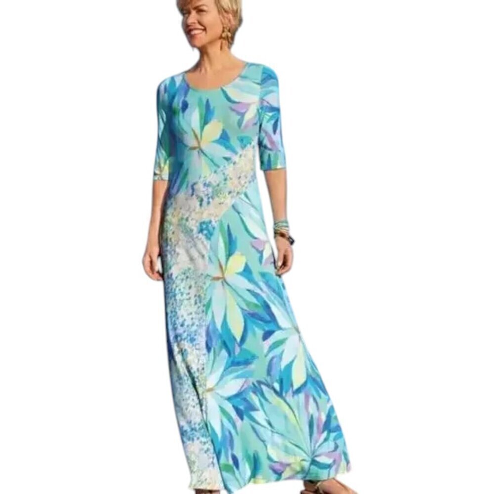 Soft Surroundings Stella Maxi Dress Painterly Blue Floral